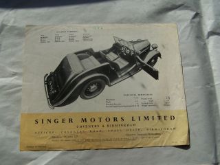 1947 Singer Roadster Owners Sales Brochure Service Parts