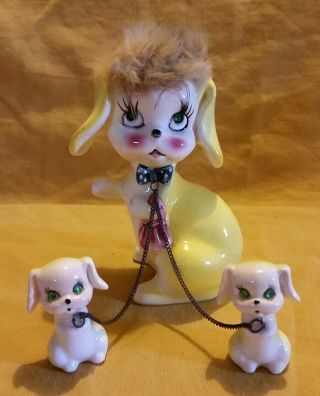Kreiss & Co Yellow White Porcelain Dog Chain 2 Puppies Rhinestone Eyes Japan