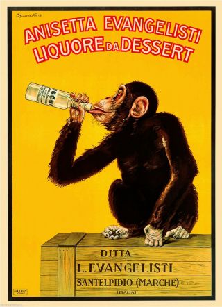 Anisetta Evangelisti Chimpanzee Monkey Wine Vintage Advertisement Art Poster