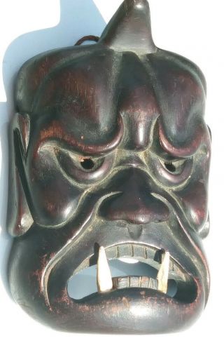 Vintage Japanese Hand Carving Wood Mask Oni With One Hor Demon & Bone Teeth