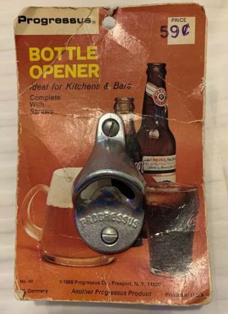 1969 Progressus Wall Mount Bottle Opener Vintage Bar Ware In Package