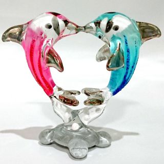 Heart Dolphins Figurines Hand Painted Blown Glass Art Animals Love Collectible