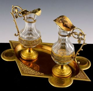 V.  Fine Victorian French Gold Gilt Bronze Glass Holy Communion Cruet Pitchers Set
