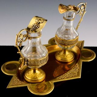 V.  FINE VICTORIAN FRENCH GOLD GILT BRONZE GLASS HOLY COMMUNION CRUET PITCHERS SET 2