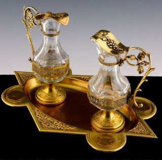 V.  FINE VICTORIAN FRENCH GOLD GILT BRONZE GLASS HOLY COMMUNION CRUET PITCHERS SET 3