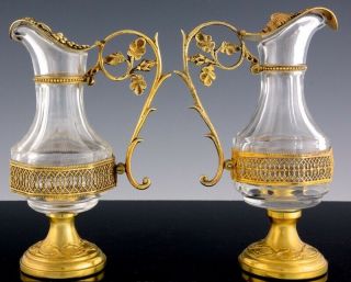 V.  FINE VICTORIAN FRENCH GOLD GILT BRONZE GLASS HOLY COMMUNION CRUET PITCHERS SET 5