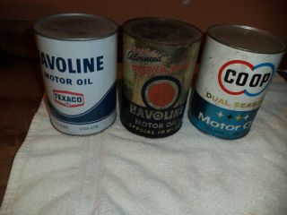 3 Vintage Texaco Havoline Coop Oil Cans 1 Quart All Full 2 Metal 1 Composite