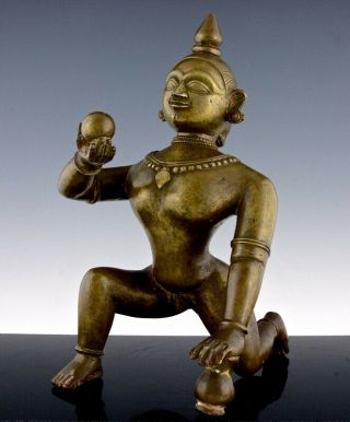 Fine Antique Indian Heavy Solid Bronze Kneeling Deity Buddha Figure With Ball