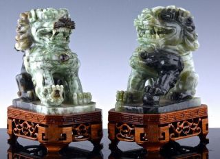 Great Pair Vintage Chinese Green White Jade Stone Buddhist Lion Figures W Stands