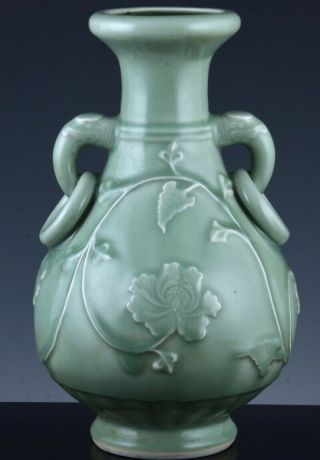 Large Superbly Carved Chinese Longquan Celadon Glazed Peony Elephant Handle Vase