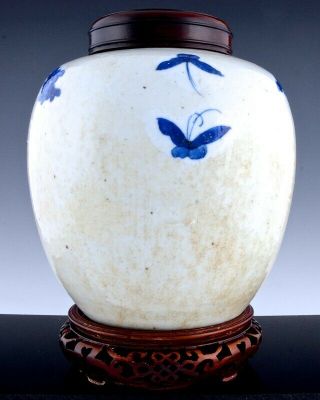 LARGE 19THC CHINESE BLUE WHITE BIRD LANDSCAPE SCENIC LIDDED JAR VASE w STAND 3