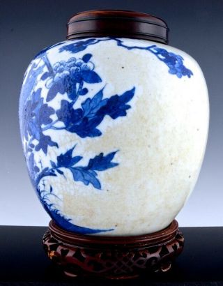 LARGE 19THC CHINESE BLUE WHITE BIRD LANDSCAPE SCENIC LIDDED JAR VASE w STAND 4