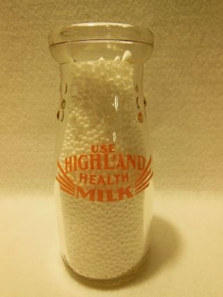 Vintage Half Pint Milk Bottle Orange Pyro Use Highland Health Milk St.  Louis,  Mo