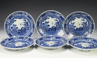 Set Of 6 Antique Japanese Blue And White Porcelain Plates - Edo Period