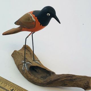 Vtg Painted Carved Wood Bird Red Cardinal Bent Wire Legs On Wood.