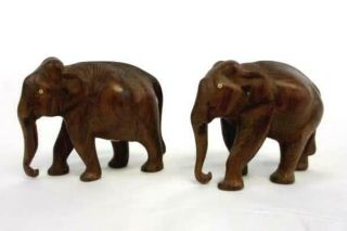 Set Of 2 Hand Carved Solid Wood Elephant Statues Wooden Sculptures India