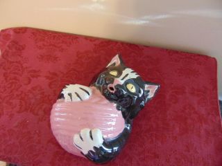 Vintage Ceramic Black Cat Kitten String Holder Dispenser W/ball Of Pink Yarn