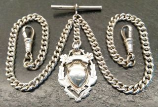 Antique Victorian Silver Double Albert Pocket Watch Chain & Fob.  F.  W.  C 1897 - 98.