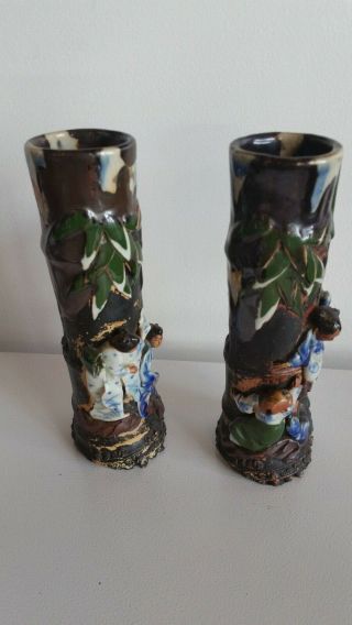 Antique Japanese Sumida Gawa Pottery Vases Figures Under Bambo Cartouche 3