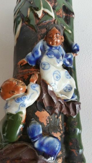 Antique Japanese Sumida Gawa Pottery Vases Figures Under Bambo Cartouche 5