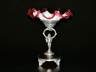 Antique Silver Plate Centerpiece With Red And White Hand Painted Ruffle Bowl.