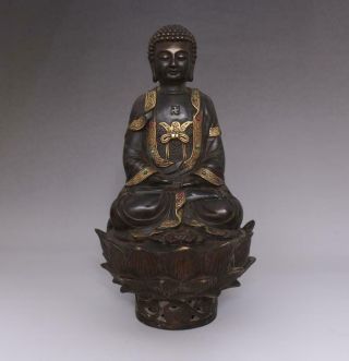 Old Rare Chinese Copper Statue Sakyamuni Buddha 30cm Jady Inlay Jade (e157)