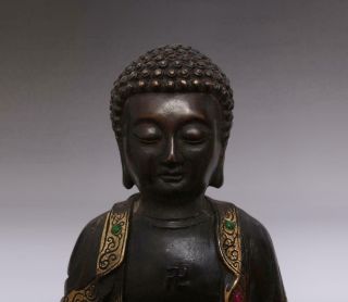 OLD RARE CHINESE COPPER STATUE SAKYAMUNI BUDDHA 30CM JADY INLAY JADE (E157) 5