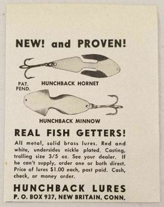 1950 Print Ad Hunchback Hornet & Minnow Fishing Lures Britain,  Ct