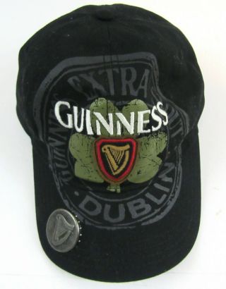 Guinness Black Baseball Cap W/ Brass Bottle Opener Shamrock Harp Adjustable Hat