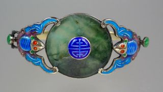 Antique Chinese Republic Sterling Silver Jade Enamel Bats Bracelet Bangle