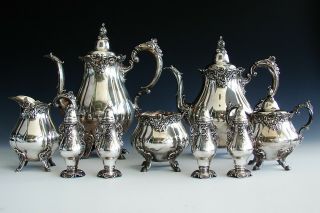 Antique Ornate Signed Wallace Silver Plate Baroque Tea Set W/ Salt And Peppers
