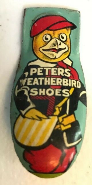 Vintage Tin Litho Peters Weatherbird Shoes Advertising Clicker