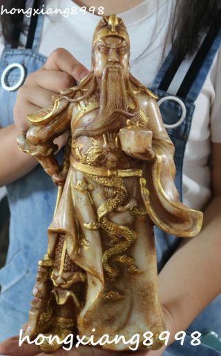 Marked China Old Jade Gilt Dragon Guan Gong Yunchang Yu Warrior God Knife Statue