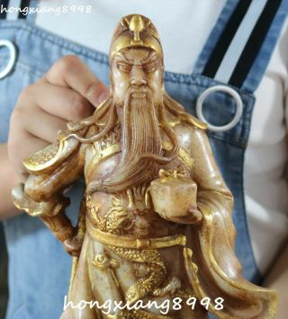 Marked China Old Jade Gilt Dragon Guan Gong Yunchang Yu Warrior God Knife Statue 2