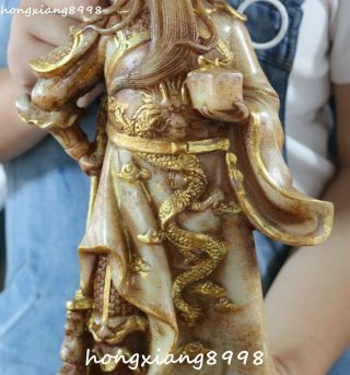 Marked China Old Jade Gilt Dragon Guan Gong Yunchang Yu Warrior God Knife Statue 3