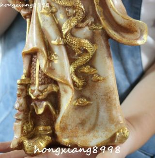 Marked China Old Jade Gilt Dragon Guan Gong Yunchang Yu Warrior God Knife Statue 4