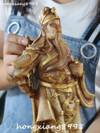 Marked China Old Jade Gilt Dragon Guan Gong Yunchang Yu Warrior God Knife Statue 6