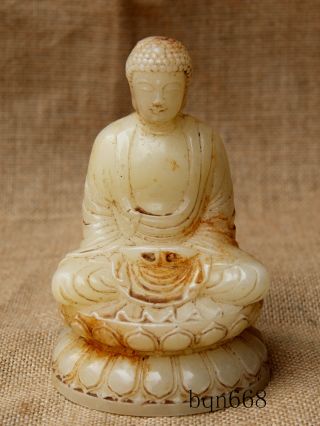 5 " China Old Antique White Jade Sitting Shakya Muni Lotus Base Statue