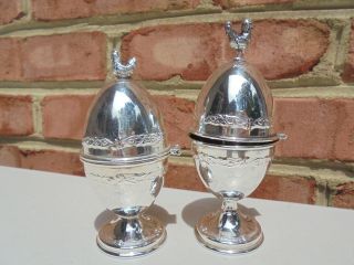 Unusual Pair Sterling Silver Rooster Hen Chicken Finial Covered Egg Cups