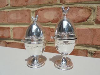 Unusual Pair Sterling Silver Rooster Hen Chicken Finial Covered Egg Cups 2