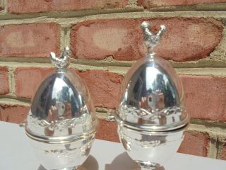 Unusual Pair Sterling Silver Rooster Hen Chicken Finial Covered Egg Cups 3