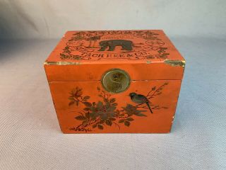Antique Chinese Wood Red Lacquer Tea Box Tack Kee Co Elephant Painting Paktong