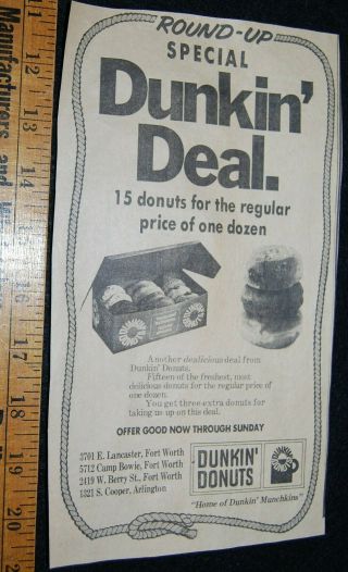 [ 1970s Dunkin Donuts Newspaper Ad - Ft.  Worth,  Texas - Vintage Donut Ad ]