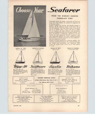 1960 Paper Ad Seafarer Tripp 30 Swiftsure Javelin Bahama Sailboat Boat