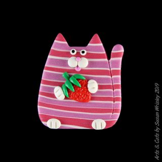 Medium Pink Tabby Kitty Cat & Strawberrt Pin - Swris
