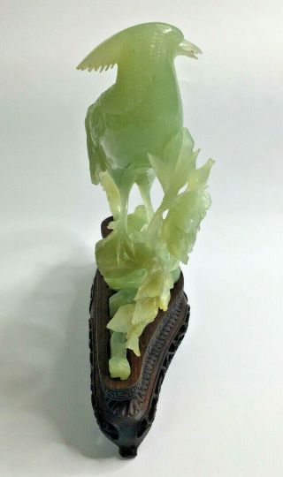 Vintage Chinese Green Stone Hand Carved Bird Statue on Carved Wooden Stand Base 2