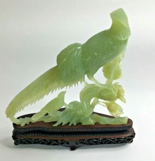 Vintage Chinese Green Stone Hand Carved Bird Statue on Carved Wooden Stand Base 3