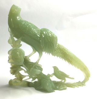 Vintage Chinese Green Stone Hand Carved Bird Statue on Carved Wooden Stand Base 5