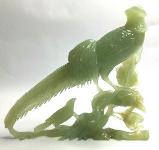 Vintage Chinese Green Stone Hand Carved Bird Statue on Carved Wooden Stand Base 6