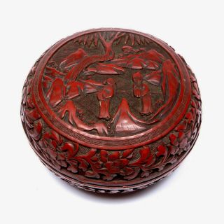 19th C.  Chinese Carved Cinnabar Lacquer Box And Cover
